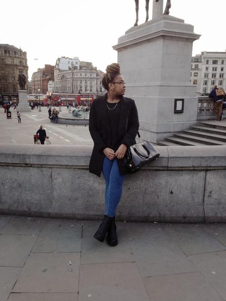 Trafalgar Square London New Look Chunky Chelsea Boots ASOS Blue Uber High Waisted Jeggings Zara Black Double Breasted Coat