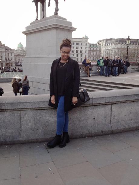 Trafalgar Square London New Look Chunky Chelsea Boots ASOS Blue Uber High Waisted Jeggings Zara Black Double Breasted Coat