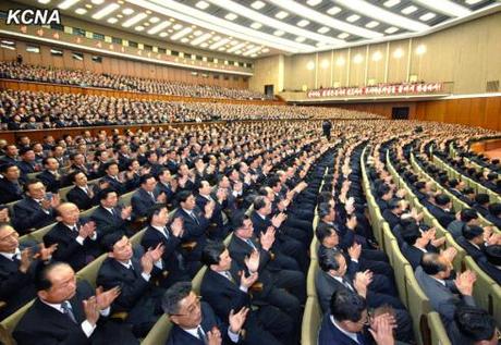 Participants at a central report meeting held on 18 February 2014 to mark the 40th anniversary of Kim Jong Il promulgating the policy to model DPRK society on Kimilsungism (Photo: KCNA).