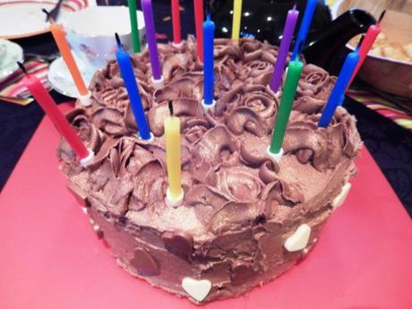 chocolate swirl birthday cake with candles