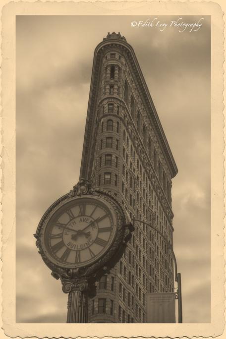 Flatiron building, New York, Manhattan, vintage, postcard, building, architecture, monochrome, clock, fifth avenue