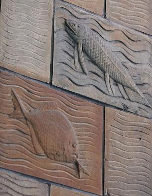 An abundance of animals Terracotta panels on an internal pillar, decorated with fish reliefs on a wavy raised background.