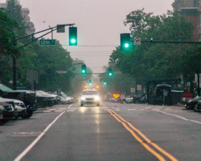 On the street in Hoboken on a foggy morning