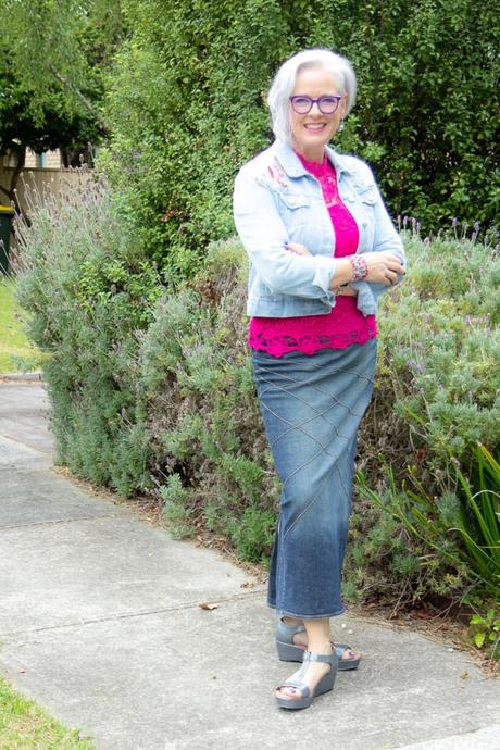 Same denim skirt, this time with sandals, a lace top and denim jacket