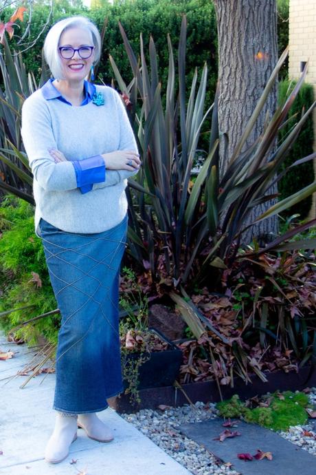 Denim skirt with blue blouse and jumper