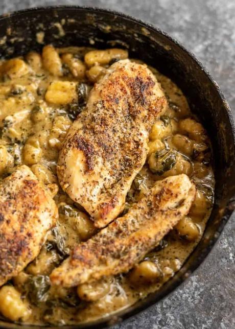 Pesto Chicken Gnocchi cooked pesto chicken gnocchi in a skillet