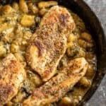 Pesto Chicken Gnocchi cooked pesto chicken gnocchi in a skillet