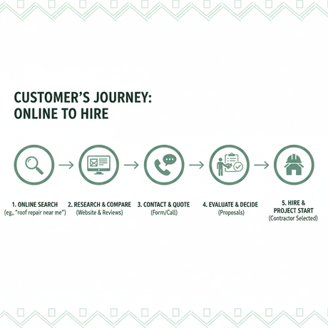 Building a Digital Blueprint: Marketing and Web Design for Home Service Businesses Infographic depicting a customer's journey from online search to hiring a contractor - ai marketing plan for roofers infographic