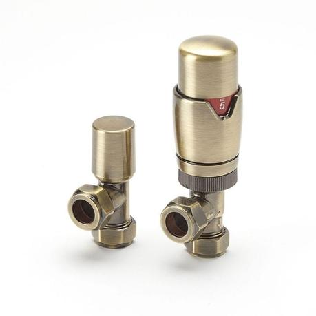 Why does my radiator keep turning off? Milano brushed gold thermostatic angled radiator valve and lockshield