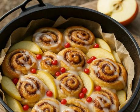 Dutch Oven Apple Cinnamon Roll Bake: A Sweet and Simple Campfire Dessert Cinnamon rolls fresh out of the fire