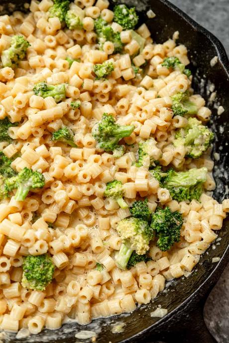 Broccoli Pasta an overhead shot of cream broccoli pasta