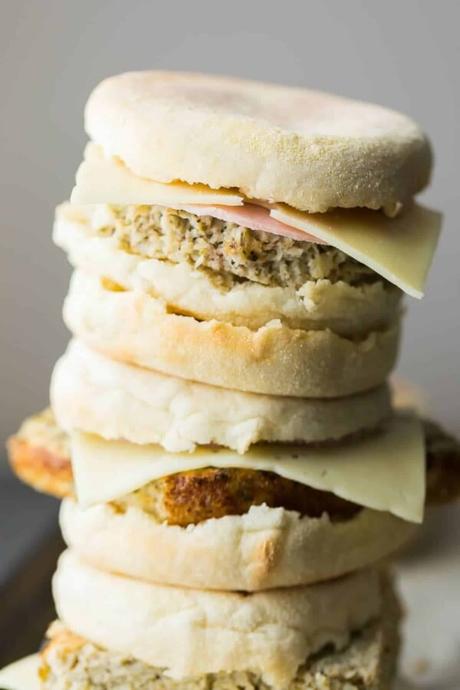 stack of cauliflower herb freezer breakfast sandwiches