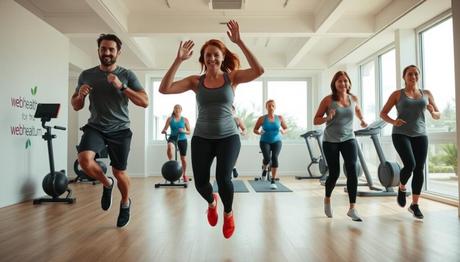 A vivid, dynamic scene of cardio exercises performed in a bright, airy home gym. In the foreground, a man and woman perform high-intensity moves like jumping jacks and burpees, their expressions focused and forms precise. The middle ground features additional people doing cardio exercises like running in place, mountain climbers, and squat jumps, all surrounded by modern gym equipment and natural light streaming through large windows. The background showcases a clean, minimalist design with white walls, wooden floors, and webhealthguru branding visible. The lighting is soft and flattering, creating an energetic yet approachable atmosphere.