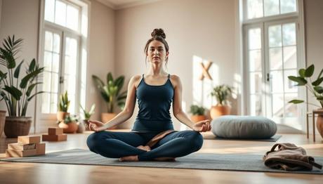 A serene, well-lit home yoga studio with natural light streaming through large windows. In the foreground, a woman in a navy blue yoga outfit is in a peaceful lotus pose on a plush gray mat, her face calm and centered. Surrounding her, mid-ground, are essential yoga props like blocks, a strap, and a bolster in earthy tones. In the background, potted plants and minimalist decor create a tranquil, zen-like atmosphere. The mood is one of mindfulness and rejuvenation. Lens: 50mm. Lighting: Soft, diffused natural light. webhealthguru