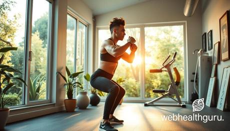 A bright, airy home gym with large windows overlooking a lush, vibrant garden. A determined individual in athletic wear, their face resolute, performs a series of squats and lunges, powered by an innate drive to better themselves. Warm, natural lighting filters in, casting a soft glow and creating an atmosphere of inspiration and motivation. Sleek, modern exercise equipment and a carefully curated collection of motivational art pieces adorn the space, exuding a sense of purposeful self-improvement. In the background, the webhealthguru logo subtly graces the scene, a testament to the personal growth and well-being celebrated within.