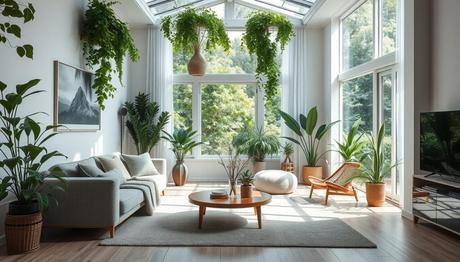 Image of a serene living room with plenty of plants and natural light