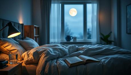 A cozy bedroom scene, softly lit by a warm bedside lamp. In the foreground, a plush, comfortable bed with fluffy pillows and a cozy duvet, inviting the viewer to sink into a restful sleep. On the nightstand, a glass of water and a book, suggesting a relaxing pre-bedtime routine. The middle ground features a large window, allowing natural moonlight to filter in, creating a serene and tranquil atmosphere. In the background, a bookshelf and a potted plant, adding a touch of greenery and a sense of balance to the space. The overall mood is one of calm, rejuvenation, and the importance of quality sleep for one's overall wellness. webhealthguru