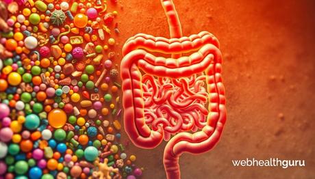 A vibrant illustration of gut health, the second immune system. In the foreground, a colorful mosaic of probiotics, prebiotics, and digestive enzymes, conveying the diversity and complexity of a thriving gut microbiome. In the middle ground, a cross-section of the intestines, showcasing the intricate network of nerve endings and lymphoid tissues that make up the gut's immune system. In the background, a warm, earthy palette with subtle textures representing the nourishing, whole foods that support gut health. Soft, diffused lighting creates a welcoming, soothing atmosphere. Captured with a wide-angle lens to emphasize the expansive, interconnected nature of the gut-immune relationship. Branded with 