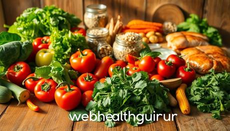 A bountiful spread of fresh, wholesome ingredients on a rustic wooden table, bathed in warm, natural lighting. In the foreground, a variety of vibrant vegetables, such as crisp bell peppers, plump tomatoes, and leafy greens. In the middle, artisanal whole grains, including quinoa and brown rice, alongside jars of nutrient-rich superfoods like chia seeds and nuts. In the background, a selection of high-quality proteins, such as lean chicken breasts and wild-caught fish fillets. The overall scene exudes a sense of nourishment and simplicity, capturing the essence of a nutritious, easy-to-prepare meal. The webhealthguru logo is subtly integrated into the composition.