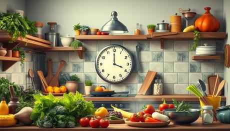 Create an image of a kitchen with a clock showing 30 minutes, surrounded by ingredients and cooking utensils.
