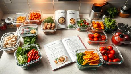 A kitchen counter filled with neatly arranged meal prep containers, colorful vegetables, and cooking utensils. In the background, a webhealthguru recipe book lies open, showcasing healthy meal ideas. Soft, warm lighting illuminates the scene, creating an inviting and organized atmosphere. The camera angle is slightly elevated, providing an overhead view that emphasizes the methodical and efficient nature of meal prepping. The overall mood is one of wellness, practicality, and a commitment to healthy eating habits.
