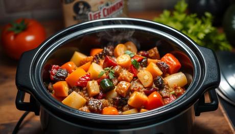Create an image of a slow cooker with a delicious, healthy meal inside