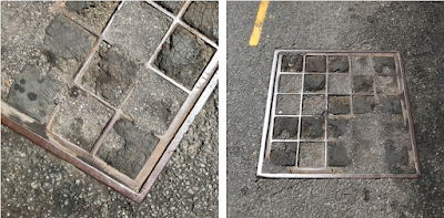 Interesting man hole covers in Camden – numbered and wood-filled