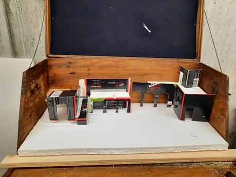 Making a Nativity diorama inside an antique steamer trunk: the initial cardboard mockups