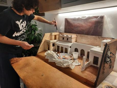 Making a Nativity diorama inside an antique steamer trunk: the buildings ready to receive details