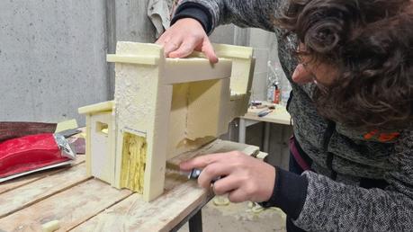 Making a Nativity diorama inside an antique steamer trunk: carving details