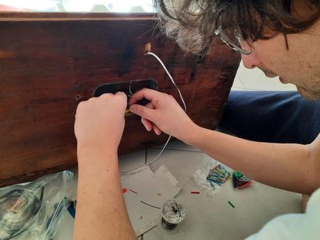 Making a Nativity diorama inside an antique steamer trunk: connecting the lights