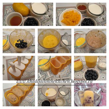 SUCETTES GLACÉES À LA MANGUE ET AUX BLEUETS / MANGO BLUEBERRY POPSICLES / PALETAS HELADAS DE MANGO Y ARÁNDANOS / مصاصات المانجو و التوت الأزرق المجمدة
