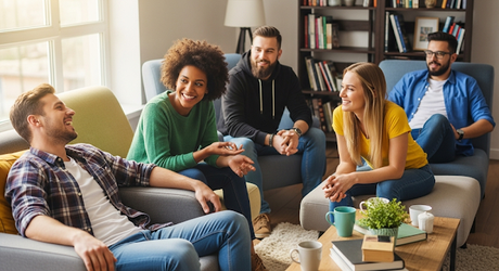 Housing Options for Autistic People A group of diverse individuals aged in their twenties laughing in a living room.