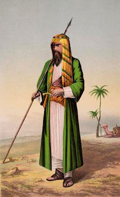 Contemporary color illustration of Burton in disguise: he is bearded and wearing Arabic clothing, holding a spear. A camel lies in the background.