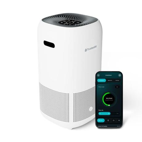 Do Air Purifiers Remove Carbon Monoxide (CO)? Modern smart air purifier with app control for clean indoor air and air quality monitoring.