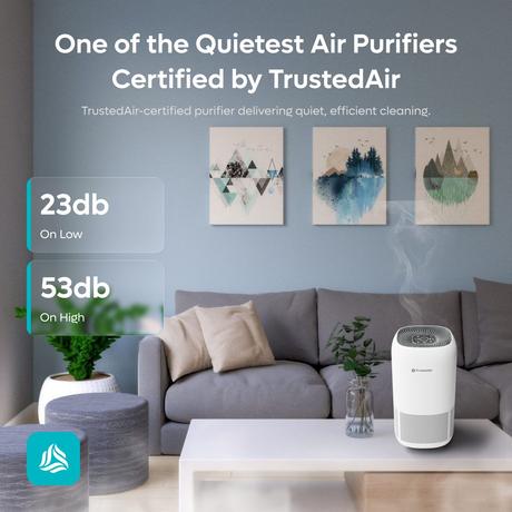 Do Air Purifiers Remove Carbon Monoxide (CO)? Quiet air purifier in a living room with digital noise level display, promoting trustedair certification for quiet, efficient air cleaning.