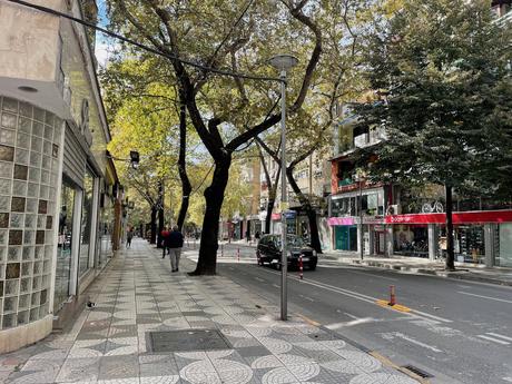 A quiet, tree-lined street in Tirana, Albania, featuring tiled sidewalks, boutique shops, and pedestrians strolling past local businesses. Sunlight filters through the leaves, creating a charming urban atmosphere.