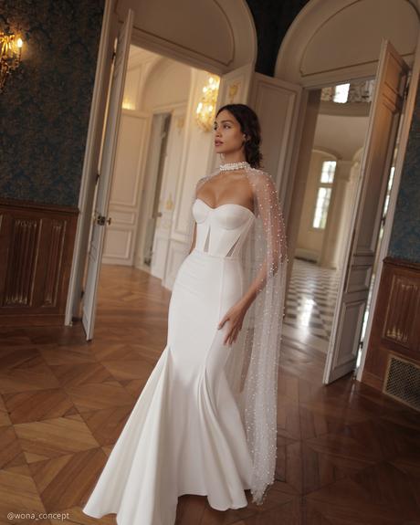 wona concept top wedding dresses simple strapless neckline with cape pearl
