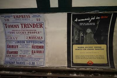 Aldwych Station posters: truth or lie? Photo of two posters, one a theare playbill and one seekin women railway porters, which appear to date from the Second World War