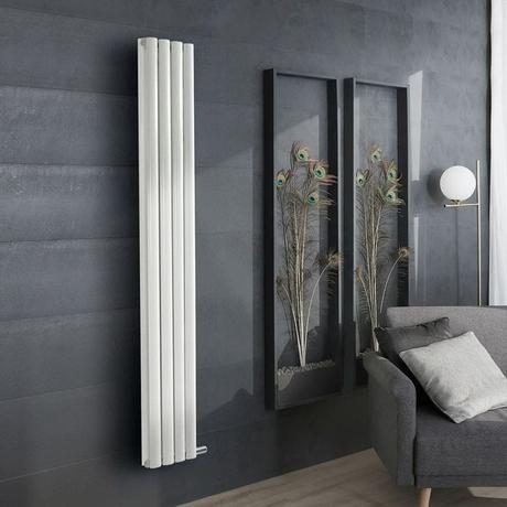 ECOSO Aruba Ardus white dry heat vertical electric designer radiator on anthracite wall nearby framed peacock feathers behind gray settee with cushions