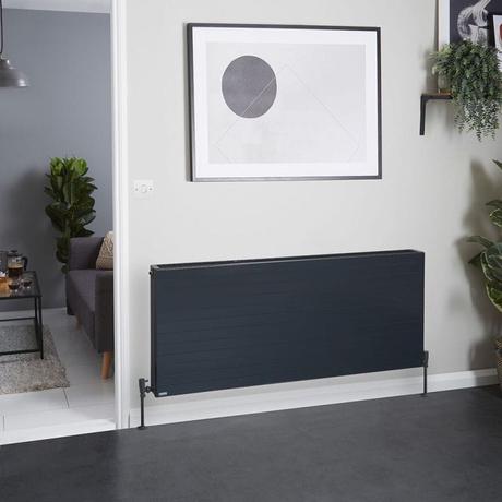 Stelrad Vita Deco anthracite horizontal convector radiator on white wall beneath framed artwork nearby shelf with houseplant