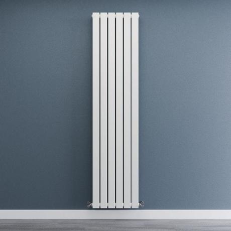 Sterling Arlie white vertical flat panel designer radiator on plain blue wall