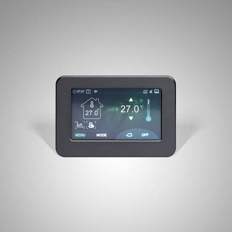 Milano Connect black wifi touchscreen thermostat for electric heating on plain white background