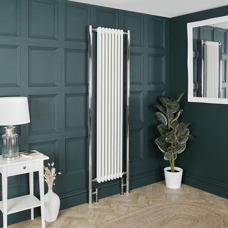 8 radiator ideas for period properties Milano Windsor white vertical traditional double column radiator on green wall nearby small houseplant beneath mirror and white dressing table with white lamp
