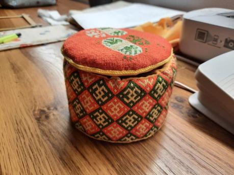 An embroidered box in German Brick Stitch