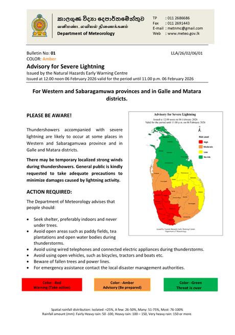 Advisory issued for severe lightning in several areas