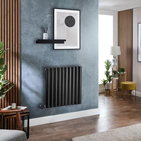 Milano x ECOSO Aruba electric black horizontal designer radiator on blue wall beneath framed artwork by black floating shelf