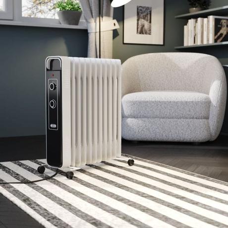 ECOSO Luan white electric portable oil filled radiator nearby white chair