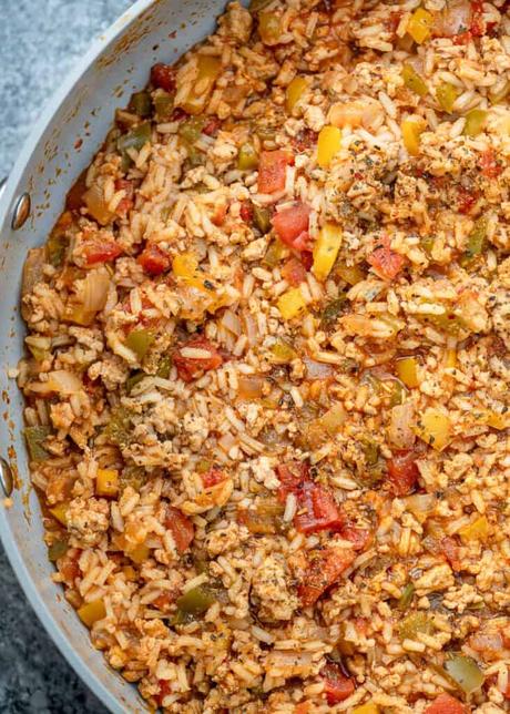 deconstructed stuffed peppers in a skillet