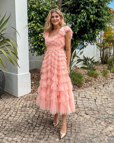 wedding guest dresses spring tea length pink ruffled needleandthreadlondon